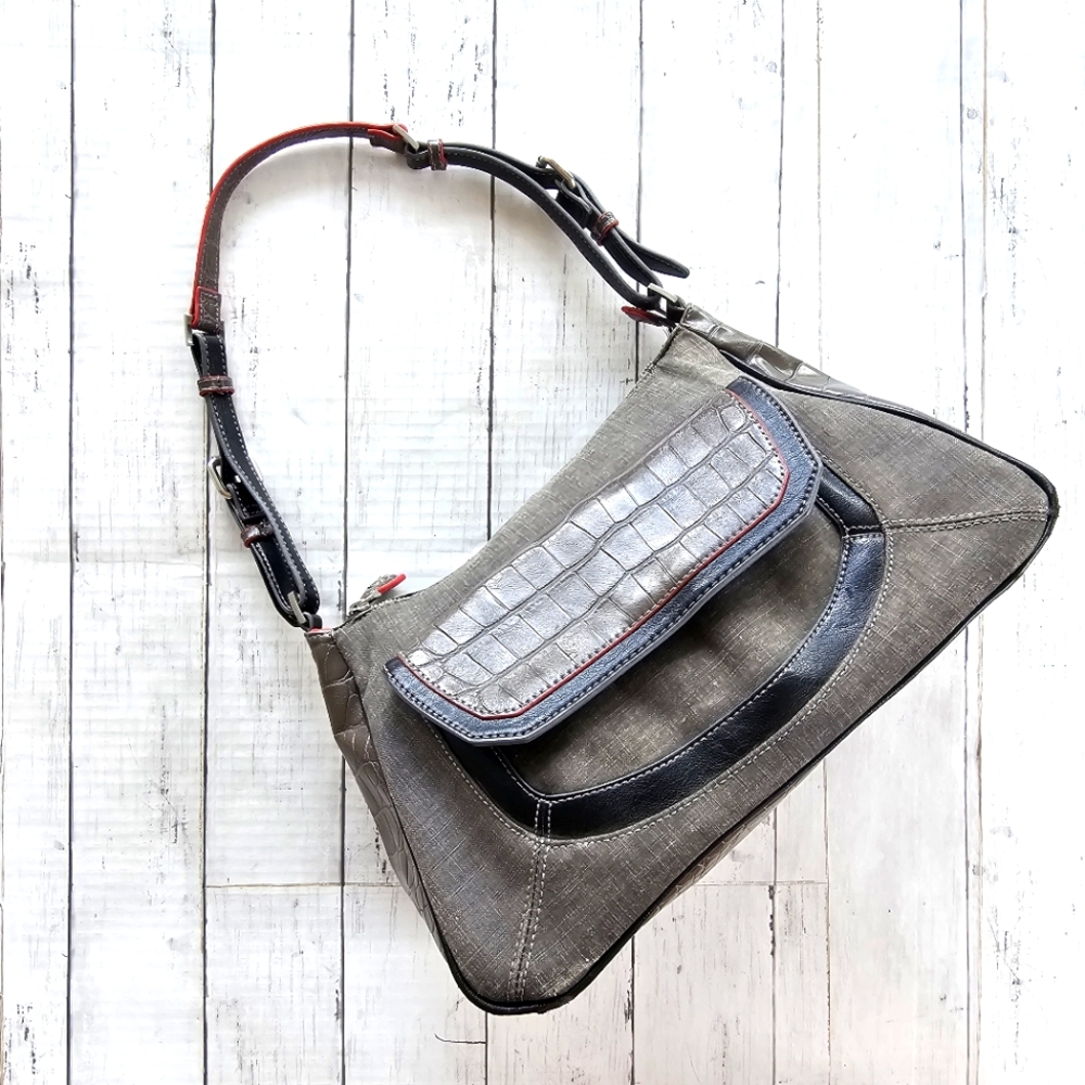 Simply Vera Wang Black Taupe/Gray Woven & Leather Simplicity Shoulder Bag Purse